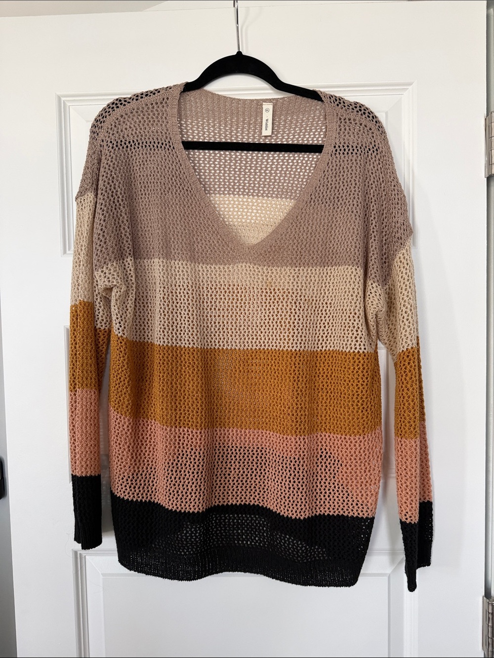 Striped Open-Knit Long-Sleeve Sweater in Taupe, Cream & Black